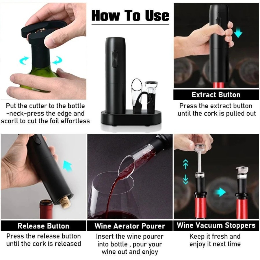 Abridor de botellas de vino eléctrico, sacacorchos automático para vin