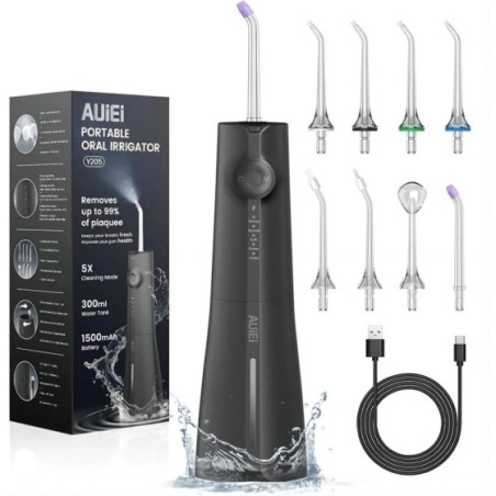 Irrigador Bucal Portatil, Vimmk Irrigador Dental Inalámbrico Profesional 8 Boquillas 5 Modos, IPX7 Impermeable 300ML USB-C Recar