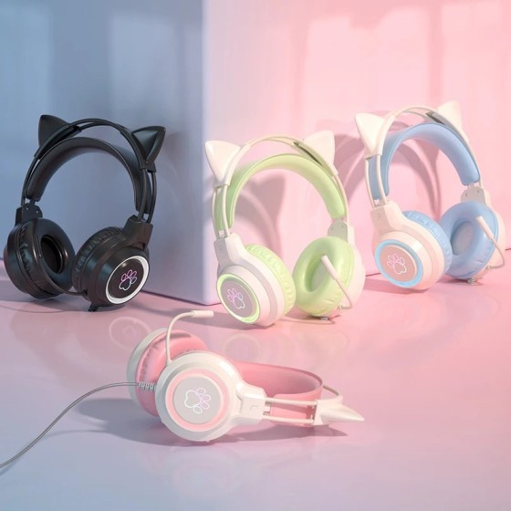 Auriculares para juegos con Oreja de Gato para PC, auriculares para ju Auriculares para juegos con Oreja de Gato para PC, auriculares para ju