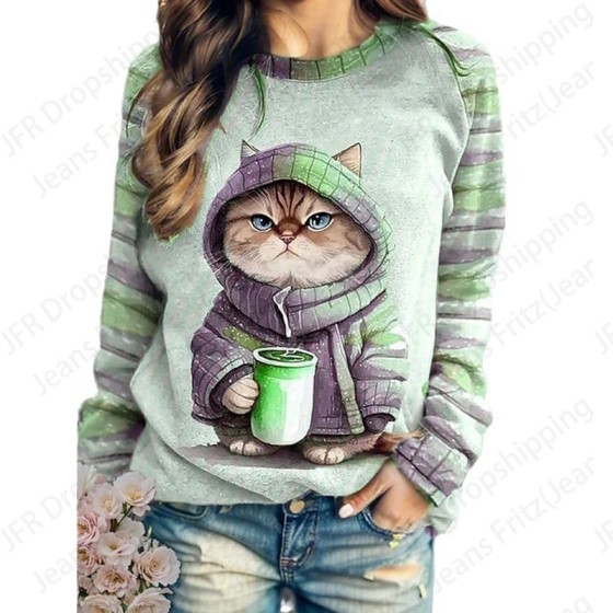 Sudadera con capucha con estampado 3d de gato café para mujer, sudader