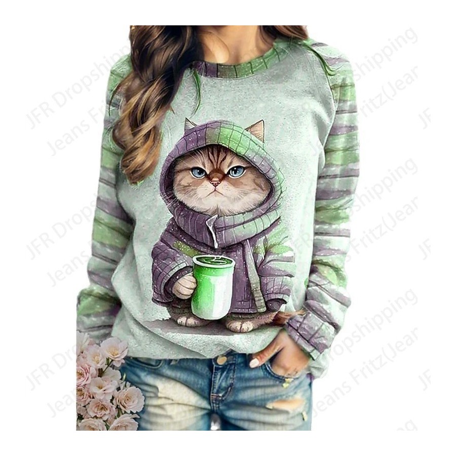 Sudadera con capucha con estampado 3d de gato café para mujer, sudader