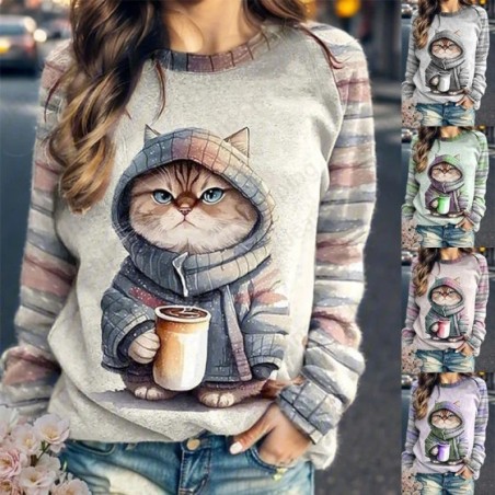 Sudadera con capucha con estampado 3d de gato café para mujer, sudaderas con capucha informales de cuello redondo, abrigos de an