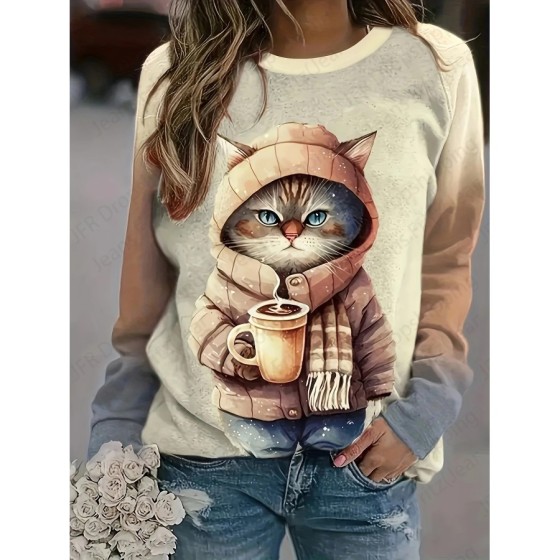 Sudadera con capucha con estampado 3d de gato café para mujer, sudader
