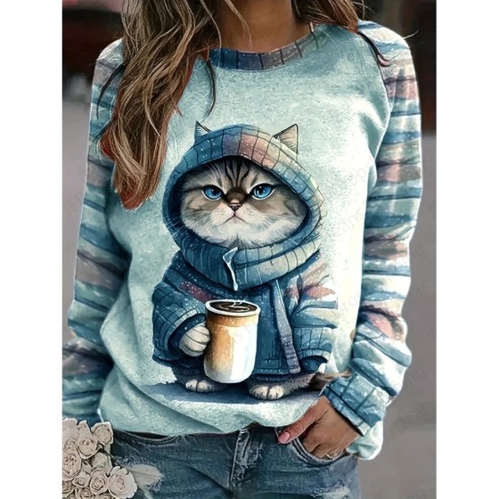 Sudadera con capucha con estampado 3d de gato café para mujer, sudader