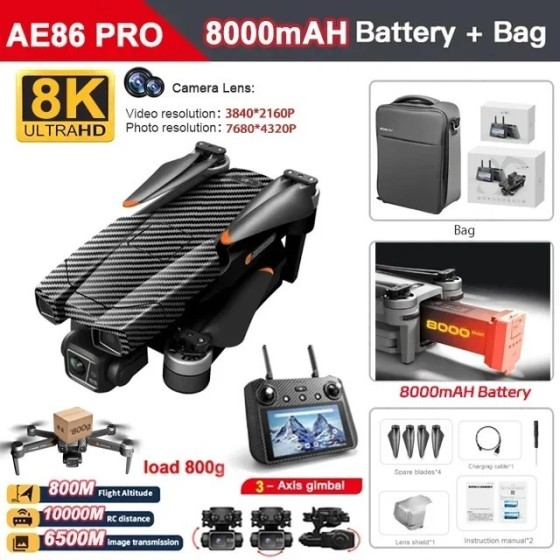 Dron Profesional AE86 PRO Max, cuadricóptero con cámara HD 8K, de 3 ej Dron Profesional AE86 PRO Max, cuadricóptero con cámara HD 8K, de 3 ej