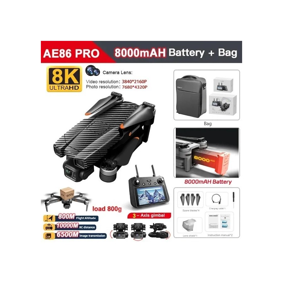 Dron Profesional AE86 PRO Max, cuadricóptero con cámara HD 8K, de 3 ej Dron Profesional AE86 PRO Max, cuadricóptero con cámara HD 8K, de 3 ej