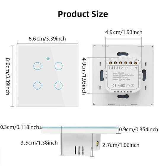 Interruptor inteligente WiFi, Interruptor táctil de pared con luz euro Interruptor inteligente WiFi, Interruptor táctil de pared con luz euro