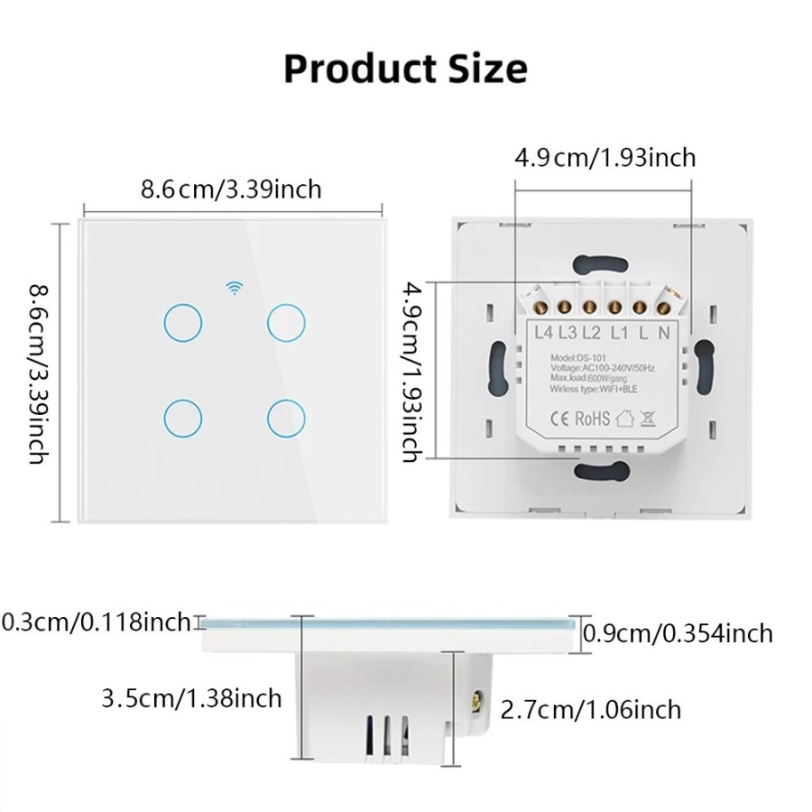 Interruptor inteligente WiFi, Interruptor táctil de pared con luz euro