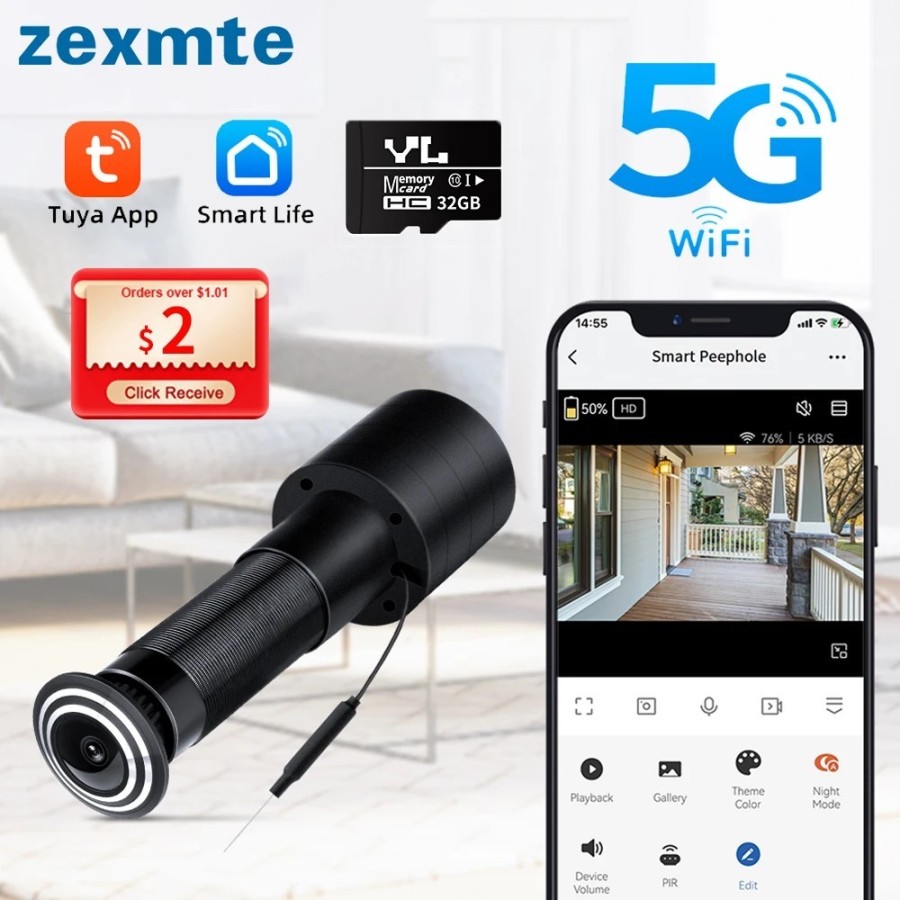 Zexmte-cámara Ojo de puerta WIFI Tuya Smart Home, 2,4G y 5G, 1080P, 15