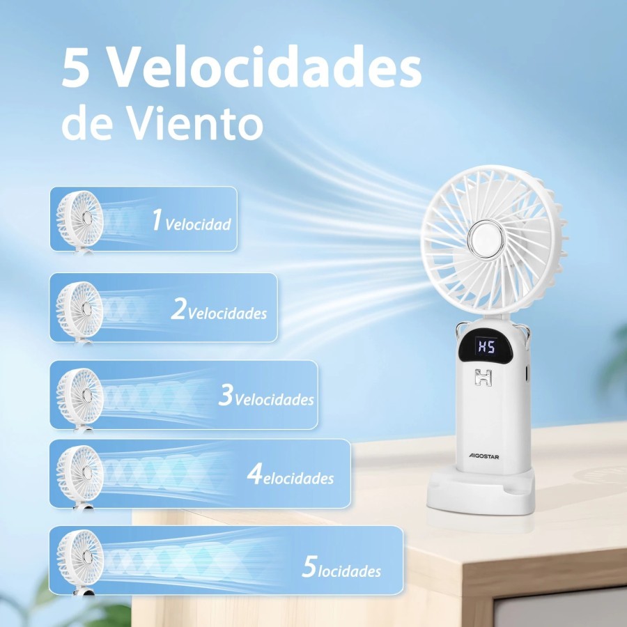Ventilador de Mano Portátil USB, 3 Pulgadas, 3 Aspas, 5 Velocidades, 1