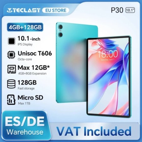 Teclast P30 Android 14 Tablet, 10.1 pulgadas, máximo de 12 gb RAM, 128GB ROM, 1280x800 IPS, UNISOC T606, 8 núcleos, 6000 mAh