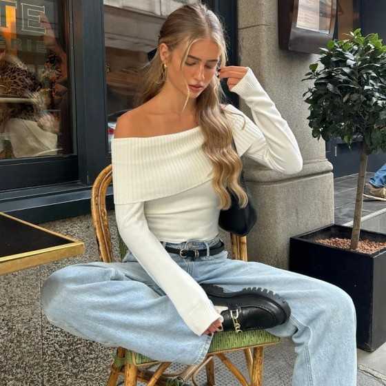 Xeemilo-Tops cortos elegantes acanalados con cuello oblicuo, camiseta