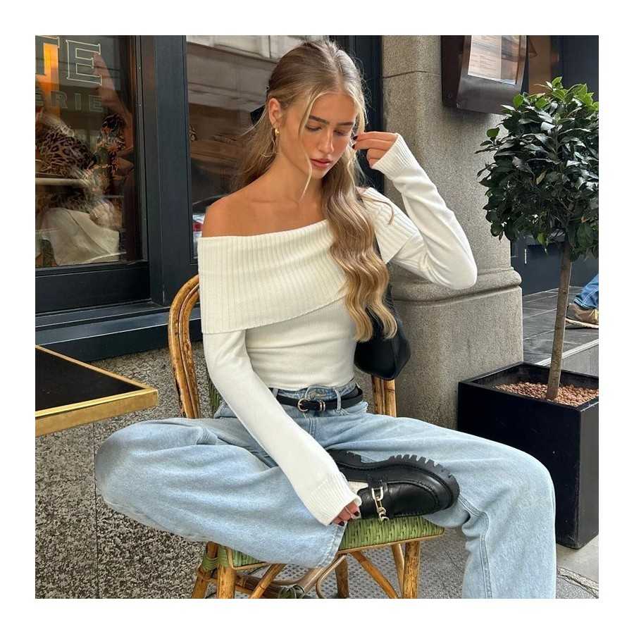 Xeemilo-Tops cortos elegantes acanalados con cuello oblicuo, camiseta