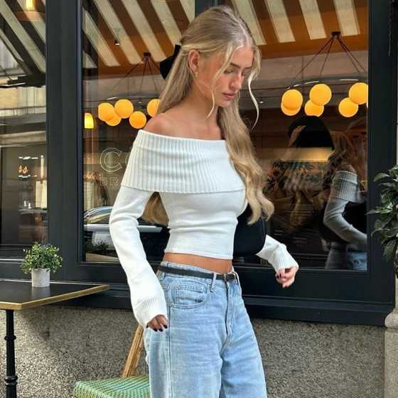 Xeemilo-Tops cortos elegantes acanalados con cuello oblicuo, camiseta