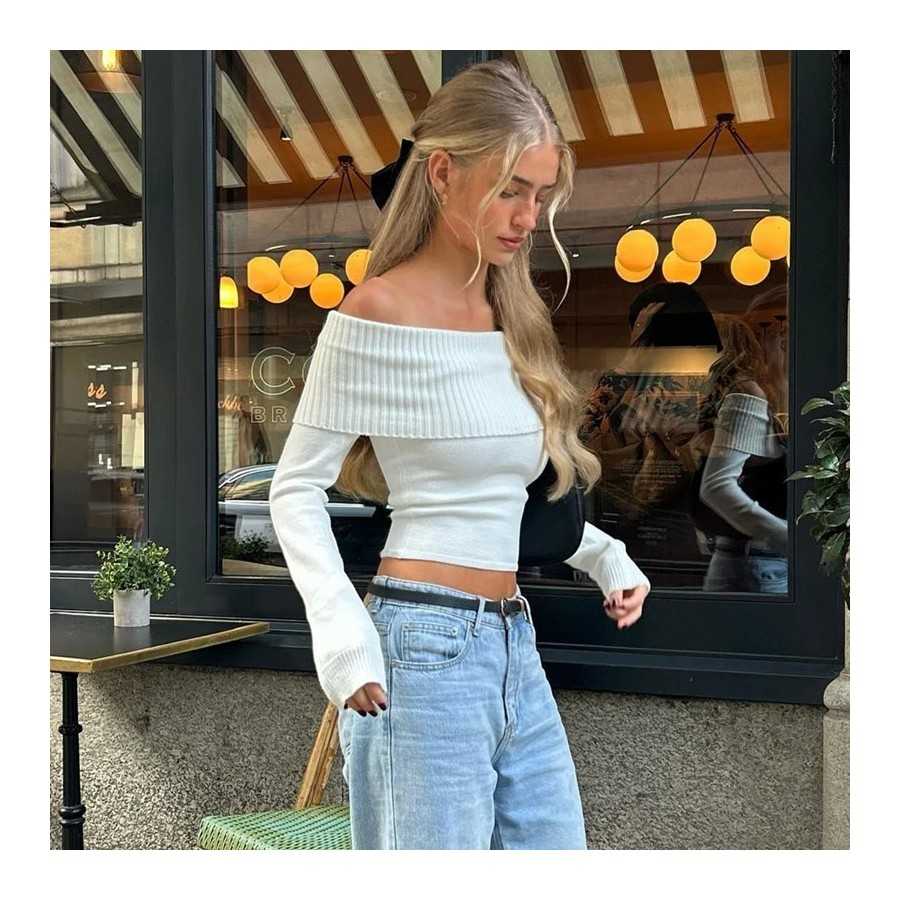 Xeemilo-Tops cortos elegantes acanalados con cuello oblicuo, camiseta
