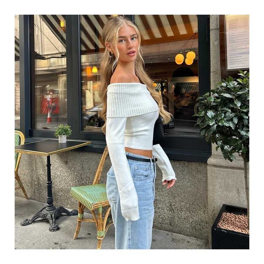 Xeemilo-Tops cortos elegantes acanalados con cuello oblicuo, camiseta