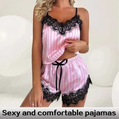Conjunto de pijama de dos piezas con cuello en V para mujer, pantalones cortos con tirantes de encaje Sexy, informal, sin mangas