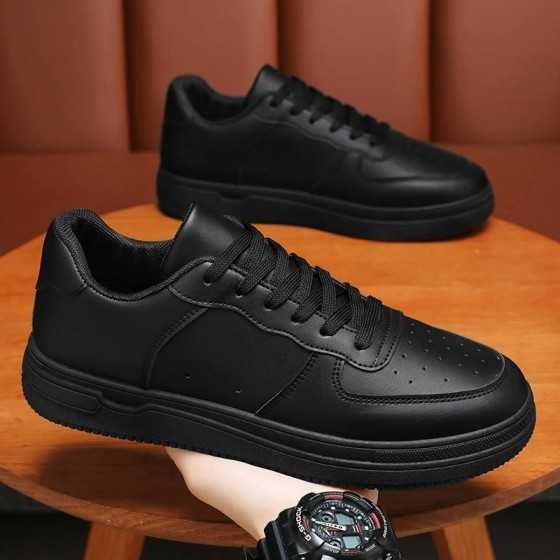 Zapatos de cuero para exteriores para hombre, zapatillas deportivas clásicas de color negro con cordones para monopatín, caminar